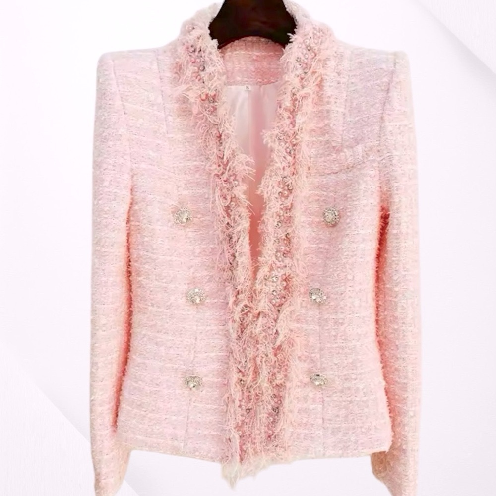 Barbie Pink Crystal Houndstooth Blazer, Hidden Baby PearlsCrystals. juniors M.